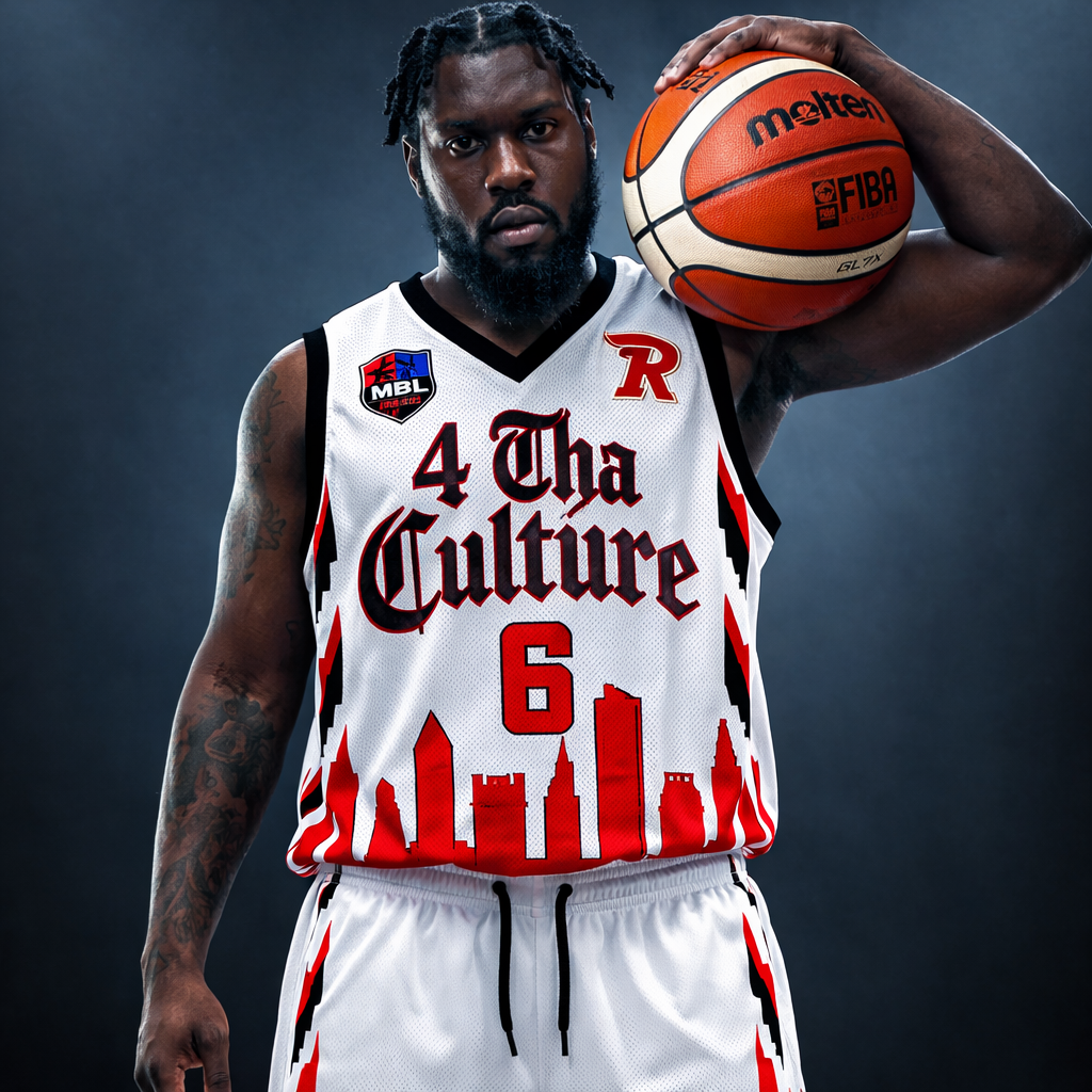 4 Tha Culture white basketball apparel with red skyline design, worn by a player holding a basketball